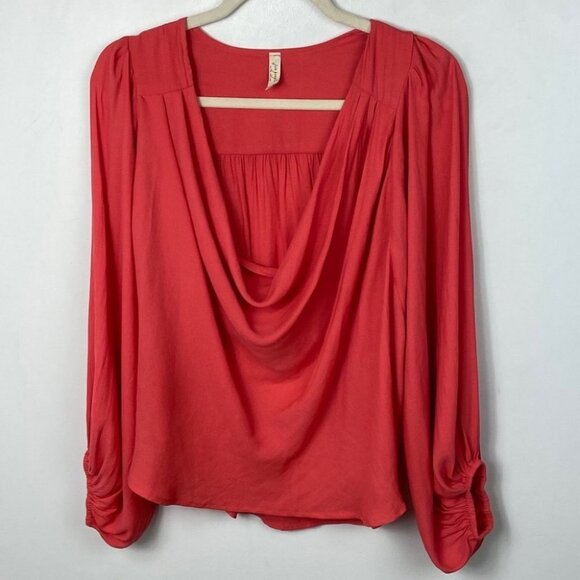 Free People Coral Pink Cowl Neck‎ Drape Blouse Top Size XS Raglan Sleeves Boho - Picture 7 of 10